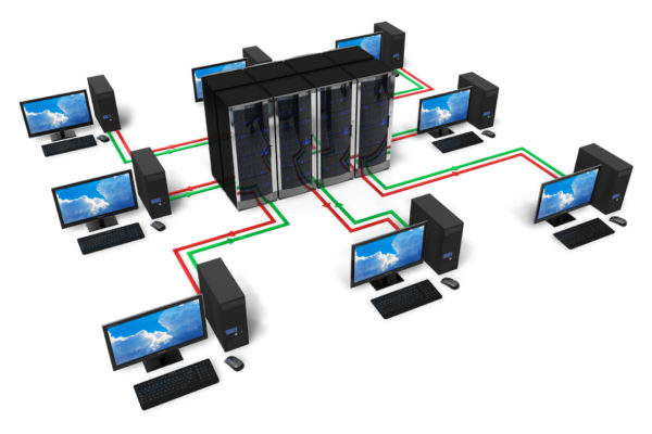 Schema d'un data center apportant la data jusqu'à 8 ordinateurs